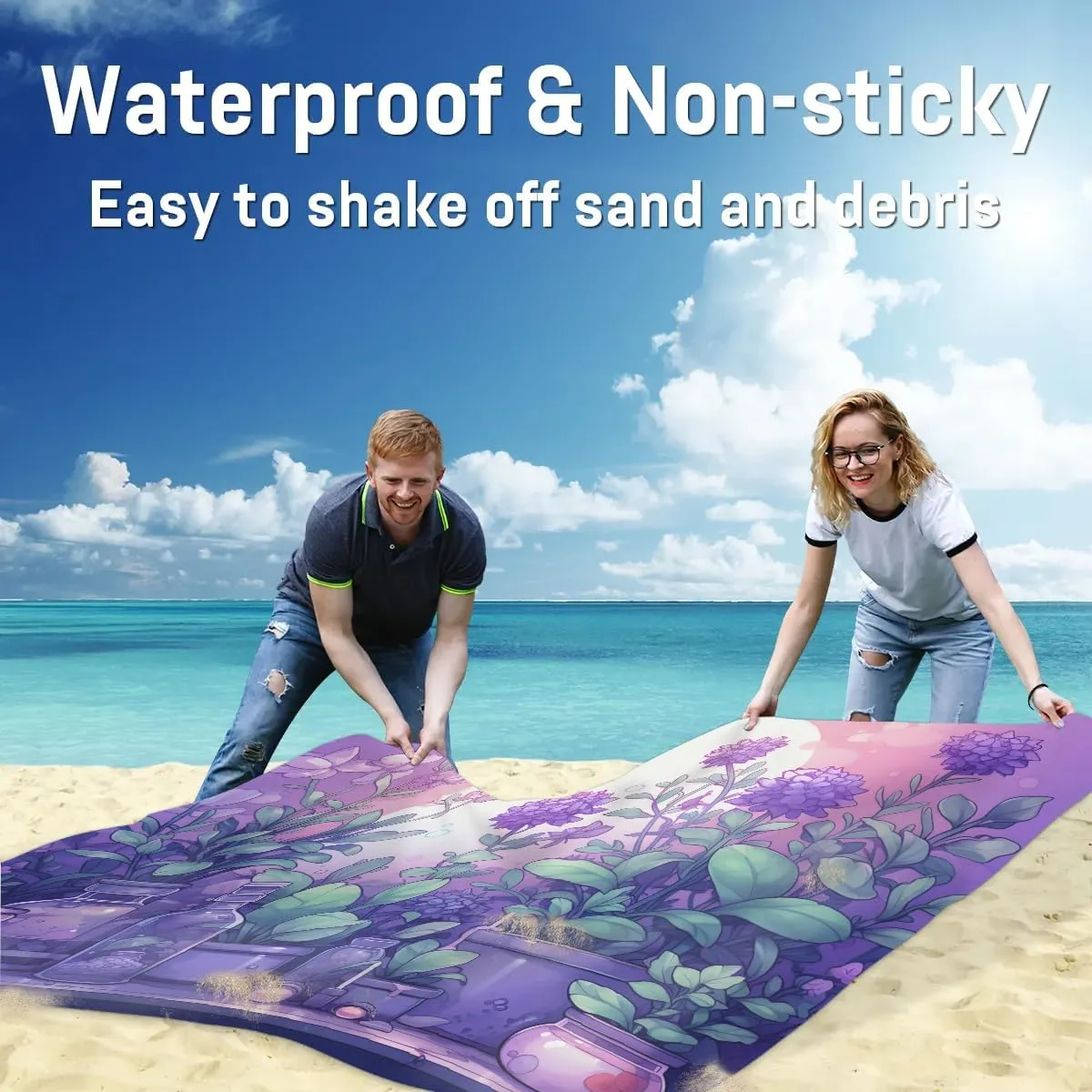 Beach Blanket, Floral Vases Flower Sandproof Beach Mat, Waterproof Quick Drying Sand Free Mat with 4 x Ground Spikes for Outdoor Travel Camping Hiking, Botanical Vase 68 x 59 in