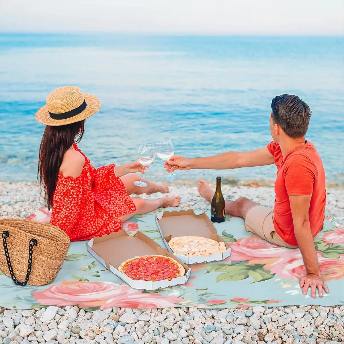 Beach Blanket, Florals Sandproof Beach Mat, Waterproof Quick Drying Sand Free Mat with 4 x Ground Spikes for Outdoor Travel Camping Hiking, Valentine's 68 x 59 in