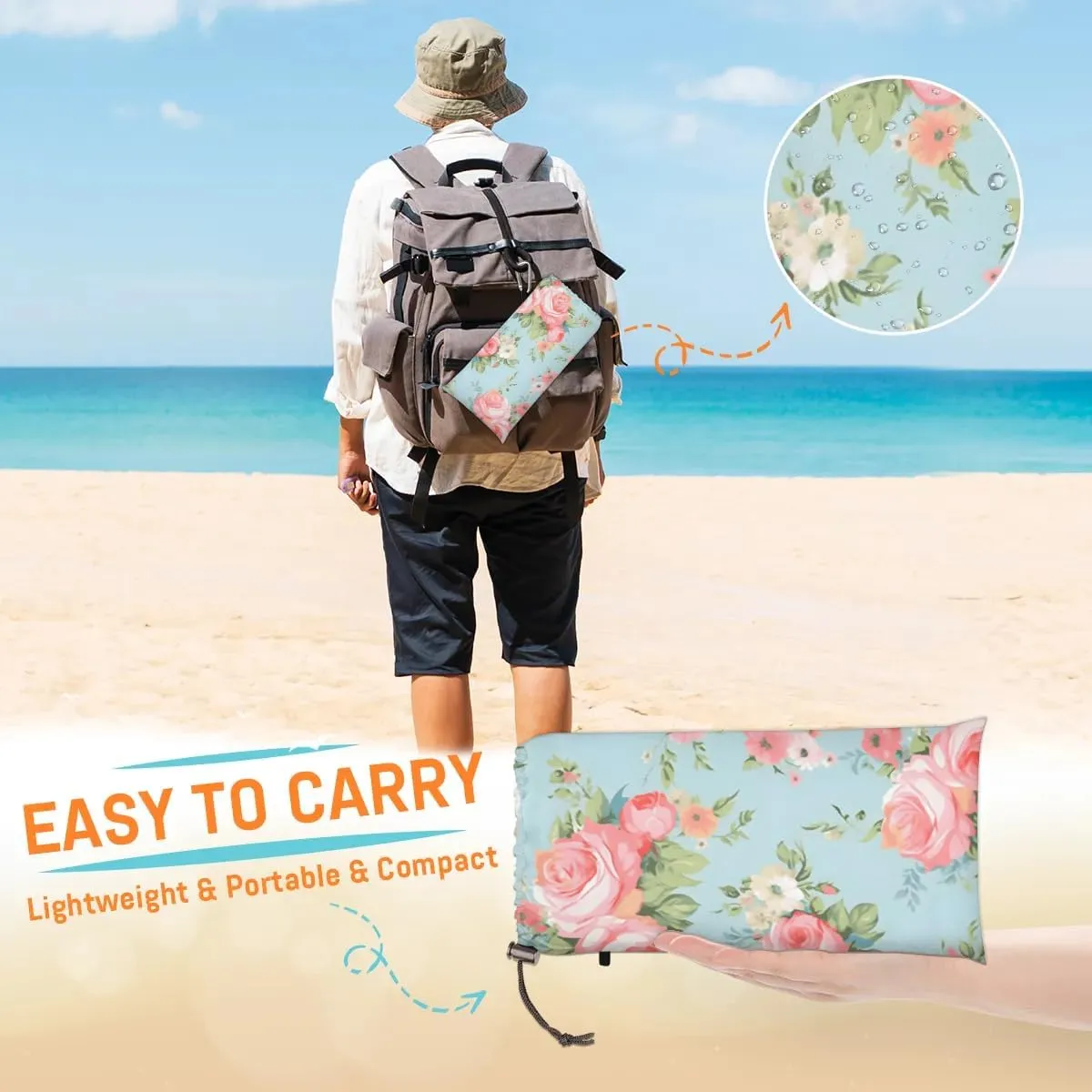 Beach Blanket, Florals Sandproof Beach Mat, Waterproof Quick Drying Sand Free Mat with 4 x Ground Spikes for Outdoor Travel Camping Hiking, Valentine's 68 x 59 in