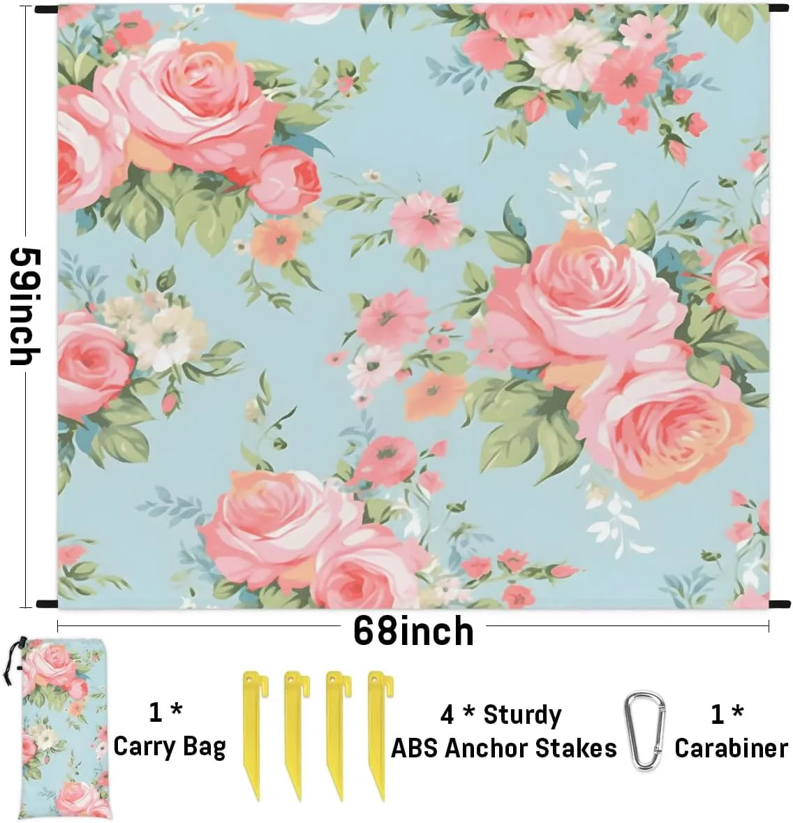 Beach Blanket, Florals Sandproof Beach Mat, Waterproof Quick Drying Sand Free Mat with 4 x Ground Spikes for Outdoor Travel Camping Hiking, Valentine's 68 x 59 in