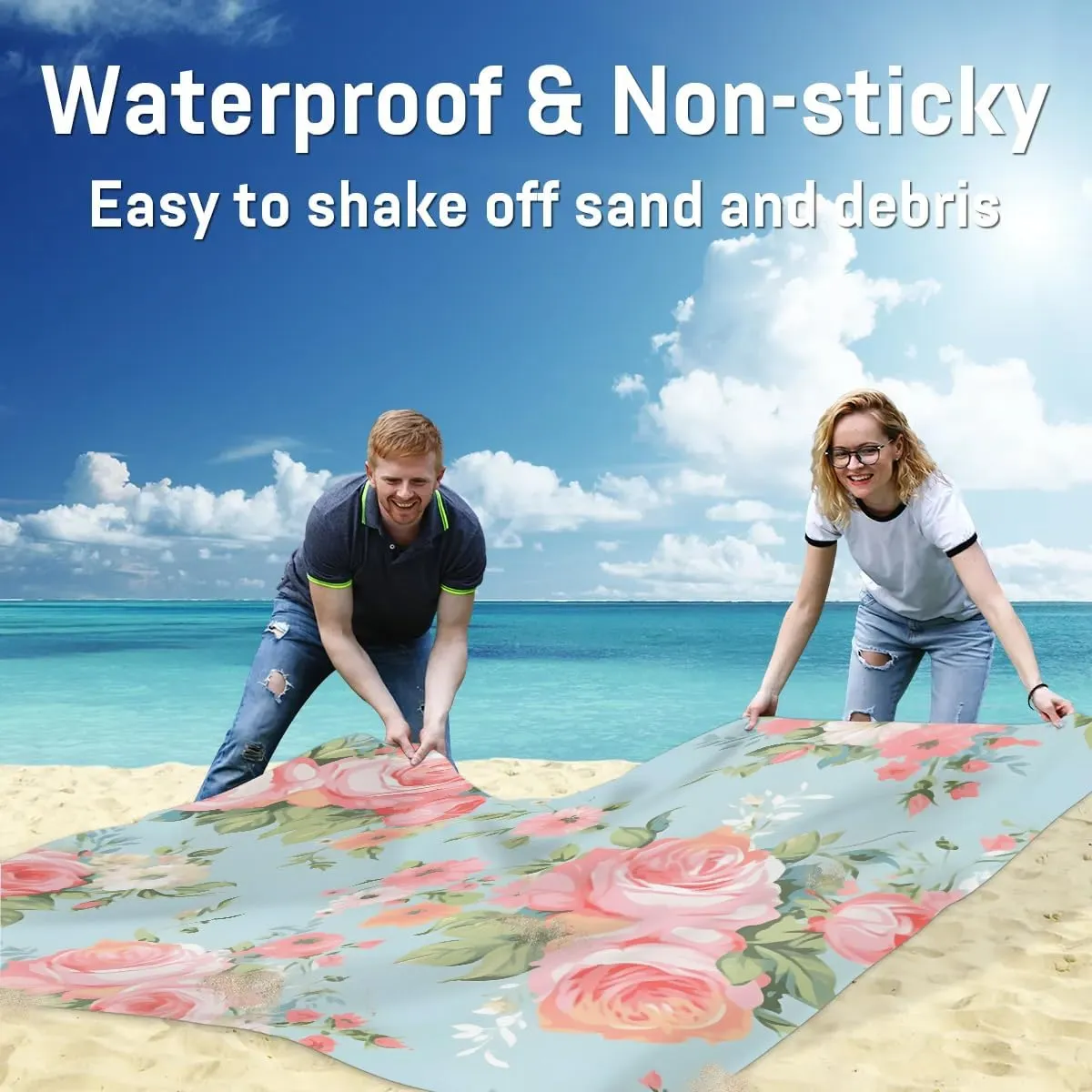 Beach Blanket, Florals Sandproof Beach Mat, Waterproof Quick Drying Sand Free Mat with 4 x Ground Spikes for Outdoor Travel Camping Hiking, Valentine's 68 x 59 in