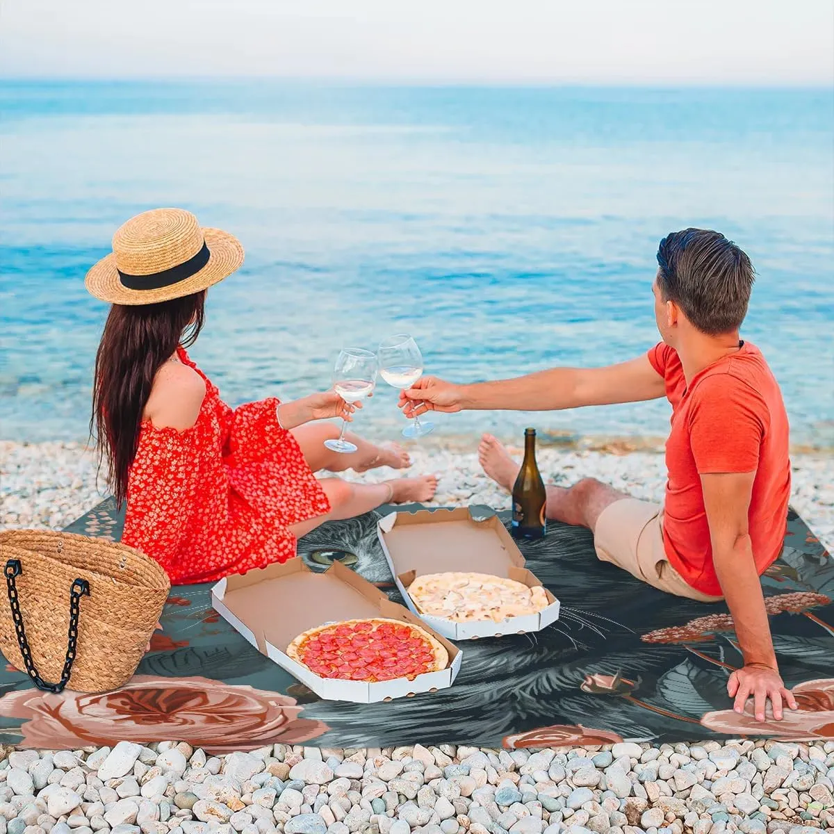 Beach Blanket, Happy Valentine's Day Sandproof Beach Mat, Waterproof Quick Drying Sand Free Mat with 4 x Ground Spikes for Outdoor Travel Camping Hiking, Black Cat Rose 68 x 59 in