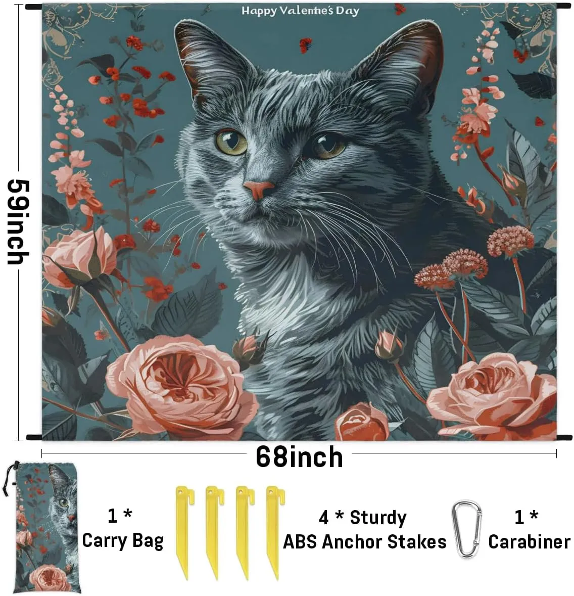 Beach Blanket, Happy Valentine's Day Sandproof Beach Mat, Waterproof Quick Drying Sand Free Mat with 4 x Ground Spikes for Outdoor Travel Camping Hiking, Black Cat Rose 68 x 59 in