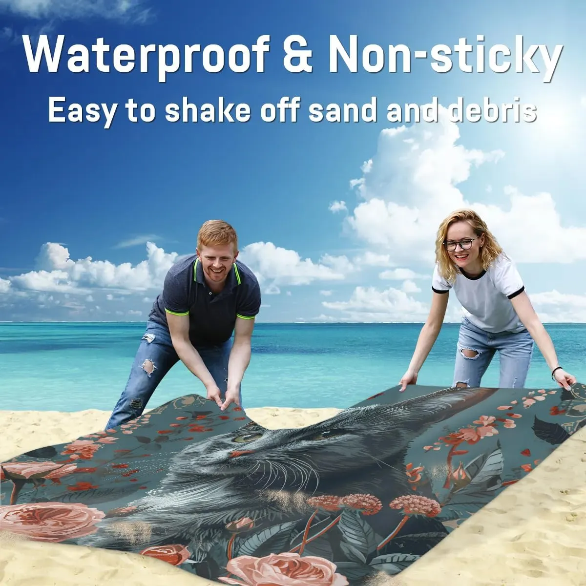 Beach Blanket, Happy Valentine's Day Sandproof Beach Mat, Waterproof Quick Drying Sand Free Mat with 4 x Ground Spikes for Outdoor Travel Camping Hiking, Black Cat Rose 68 x 59 in