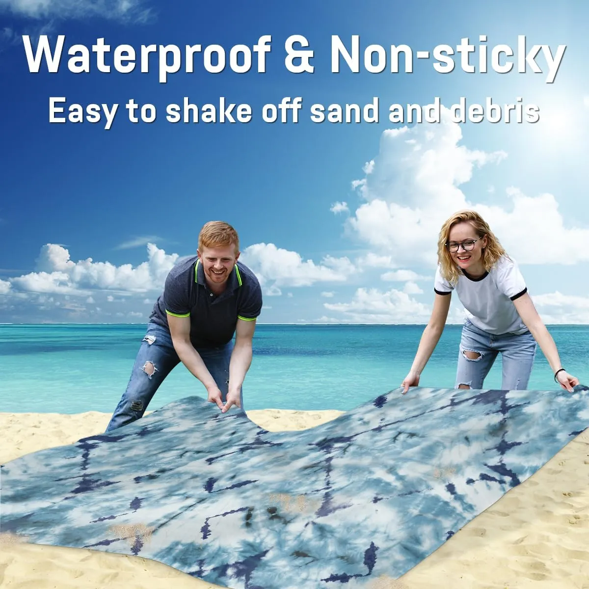 Beach Blanket, Indigo Tie Dye Sandproof Beach Mat, Waterproof Quick Drying Sand Free Mat with 4 x Ground Spikes for Outdoor Travel Camping Hiking, Tie Dye 68 x 59 in