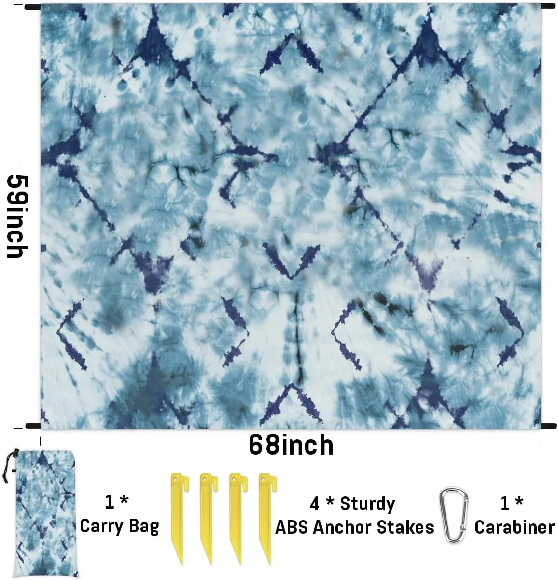 Beach Blanket, Indigo Tie Dye Sandproof Beach Mat, Waterproof Quick Drying Sand Free Mat with 4 x Ground Spikes for Outdoor Travel Camping Hiking, Tie Dye 68 x 59 in