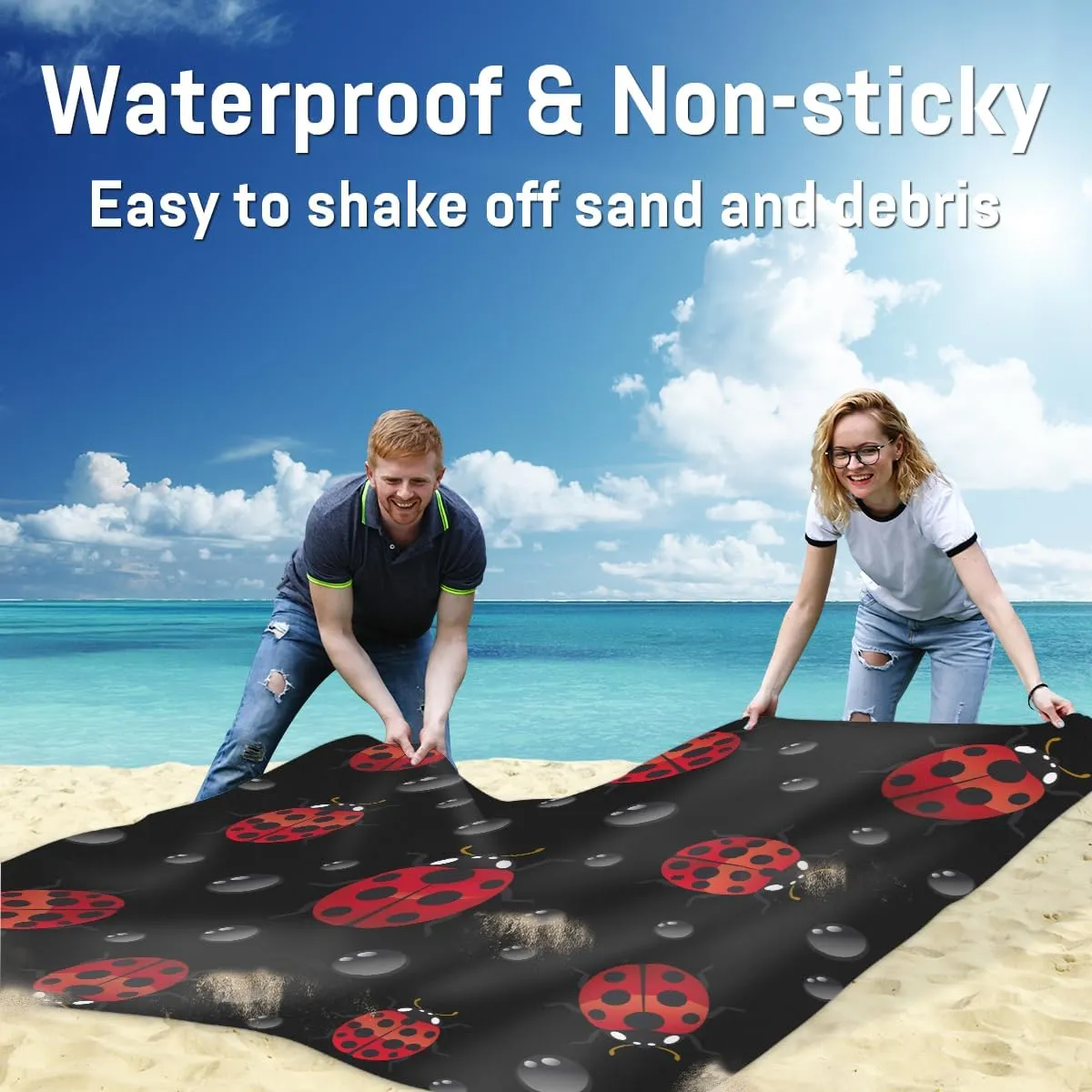 Beach Blanket, Ladybugs Sandproof Beach Mat, Waterproof Quick Drying Sand Free Mat with 4 x Ground Spikes for Outdoor Travel Camping Hiking, Red Ladybugs 68 x 59 in