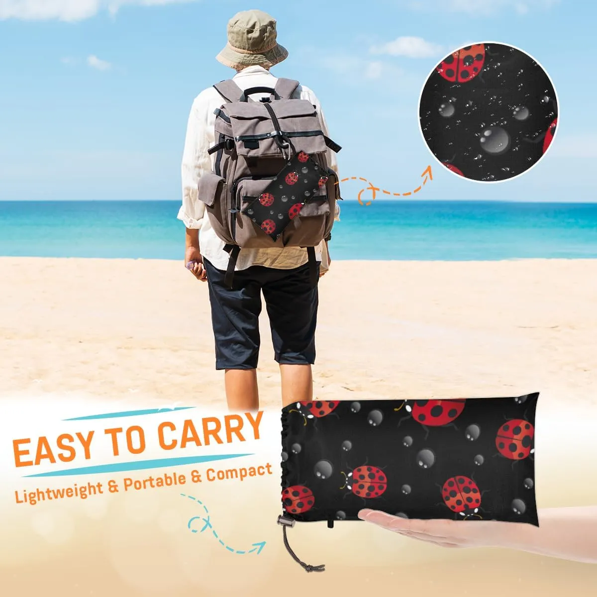 Beach Blanket, Ladybugs Sandproof Beach Mat, Waterproof Quick Drying Sand Free Mat with 4 x Ground Spikes for Outdoor Travel Camping Hiking, Red Ladybugs 68 x 59 in