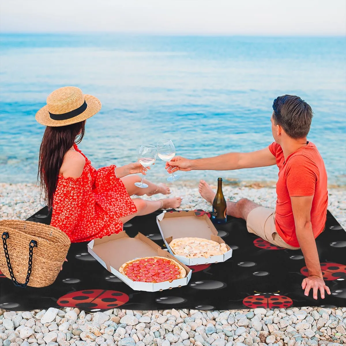 Beach Blanket, Ladybugs Sandproof Beach Mat, Waterproof Quick Drying Sand Free Mat with 4 x Ground Spikes for Outdoor Travel Camping Hiking, Red Ladybugs 68 x 59 in