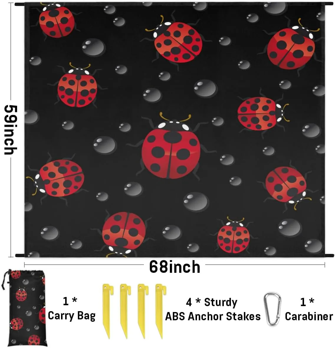 Beach Blanket, Ladybugs Sandproof Beach Mat, Waterproof Quick Drying Sand Free Mat with 4 x Ground Spikes for Outdoor Travel Camping Hiking, Red Ladybugs 68 x 59 in