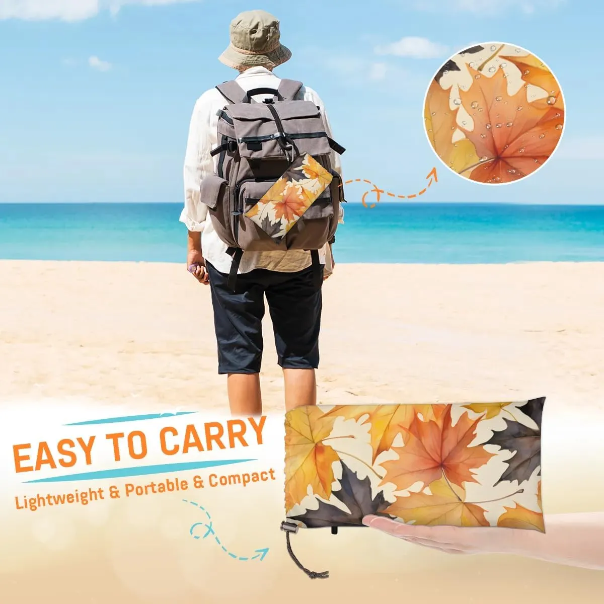 Beach Blanket, Maple Leaves Sandproof Beach Mat, Waterproof Quick Drying Sand Free Mat with 4 x Ground Spikes for Outdoor Travel Camping Hiking, Autumn Leaves 68 x 59 in