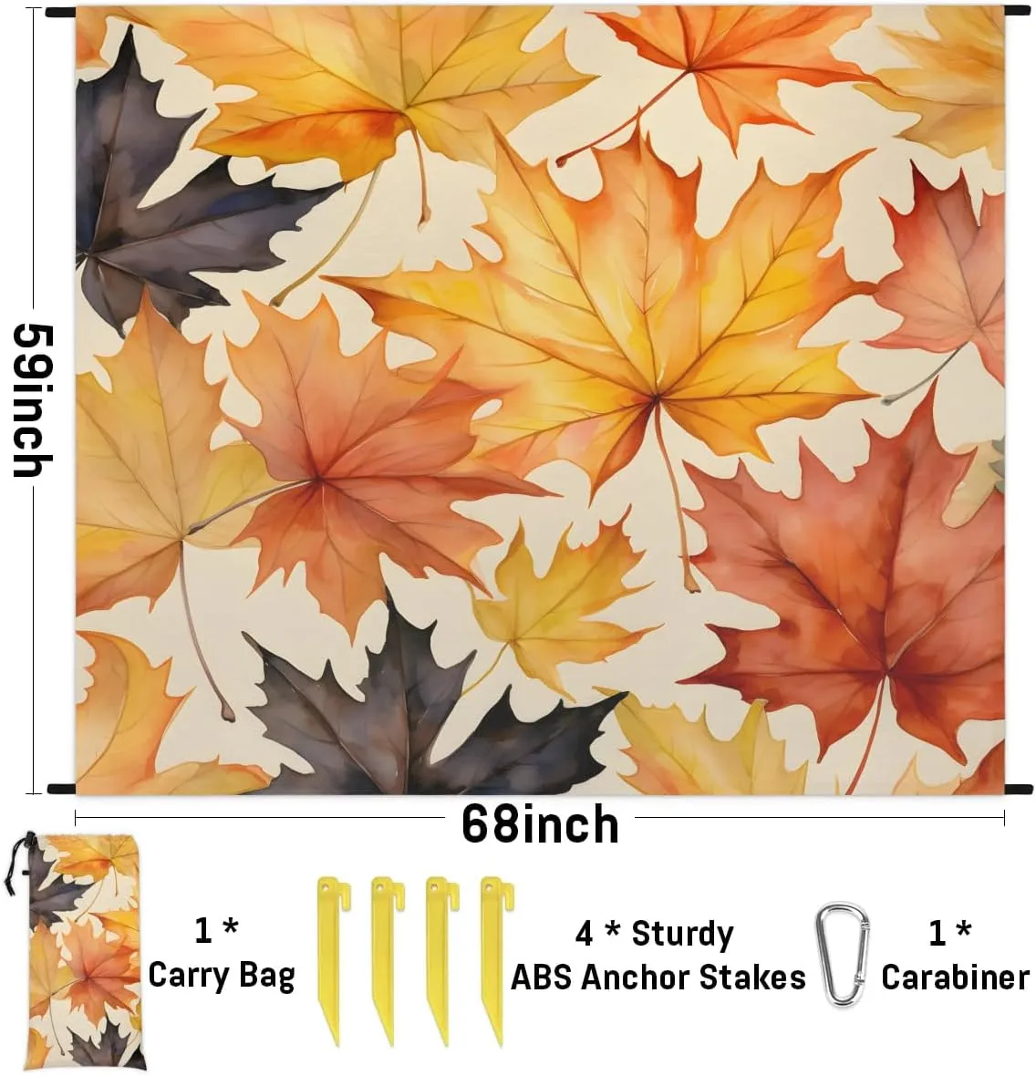 Beach Blanket, Maple Leaves Sandproof Beach Mat, Waterproof Quick Drying Sand Free Mat with 4 x Ground Spikes for Outdoor Travel Camping Hiking, Autumn Leaves 68 x 59 in
