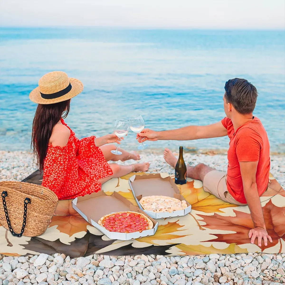 Beach Blanket, Maple Leaves Sandproof Beach Mat, Waterproof Quick Drying Sand Free Mat with 4 x Ground Spikes for Outdoor Travel Camping Hiking, Autumn Leaves 68 x 59 in
