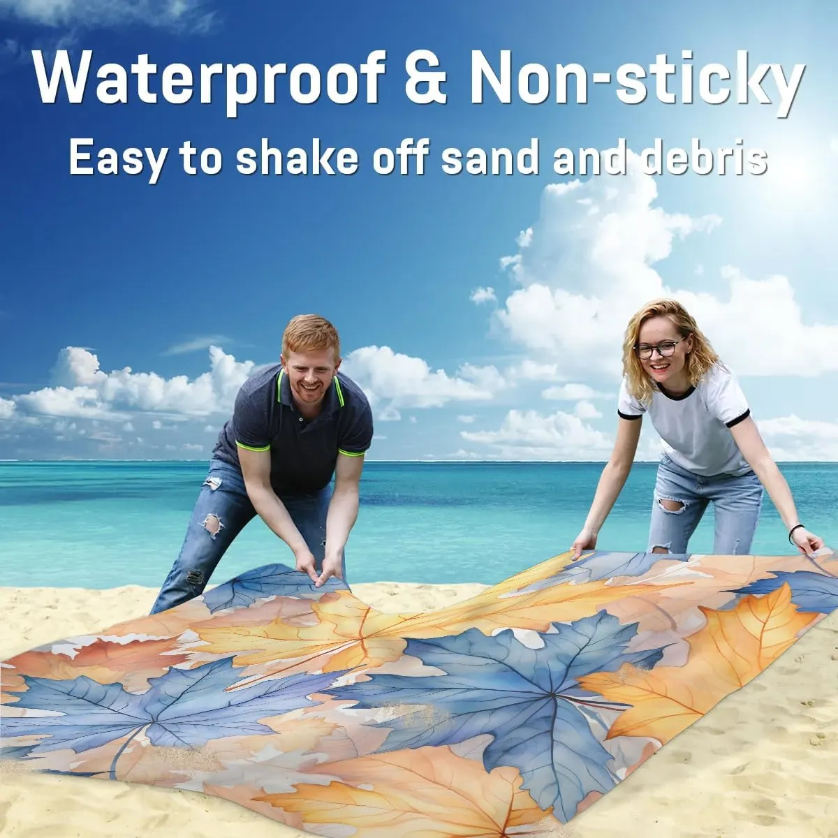 Beach Blanket, Maple Leaves Sandproof Beach Mat, Waterproof Quick Drying Sand Free Mat with 4 x Ground Spikes for Outdoor Travel Camping Hiking, Fall Leaves 68 x 59 in