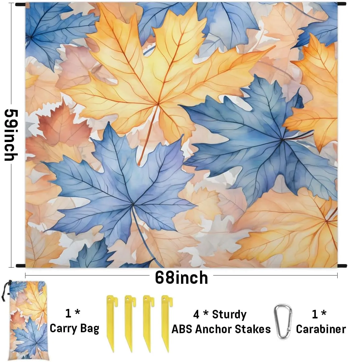 Beach Blanket, Maple Leaves Sandproof Beach Mat, Waterproof Quick Drying Sand Free Mat with 4 x Ground Spikes for Outdoor Travel Camping Hiking, Fall Leaves 68 x 59 in