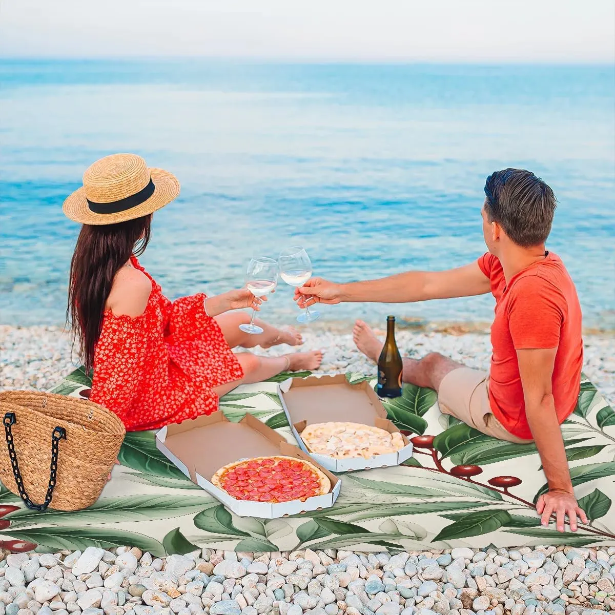 Beach Blanket, Mistletoe Merry Christmas Sandproof Beach Mat, Waterproof Quick Drying Sand Free Mat with 4 x Ground Spikes for Outdoor Travel Camping Hiking, Mistletoe 68 x 59 in