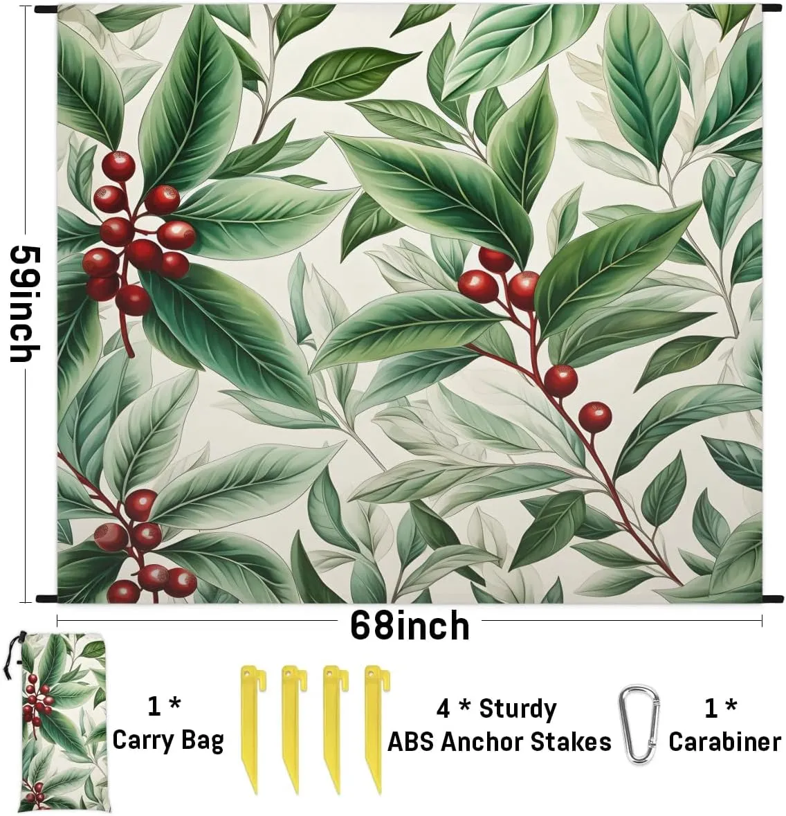 Beach Blanket, Mistletoe Merry Christmas Sandproof Beach Mat, Waterproof Quick Drying Sand Free Mat with 4 x Ground Spikes for Outdoor Travel Camping Hiking, Mistletoe 68 x 59 in