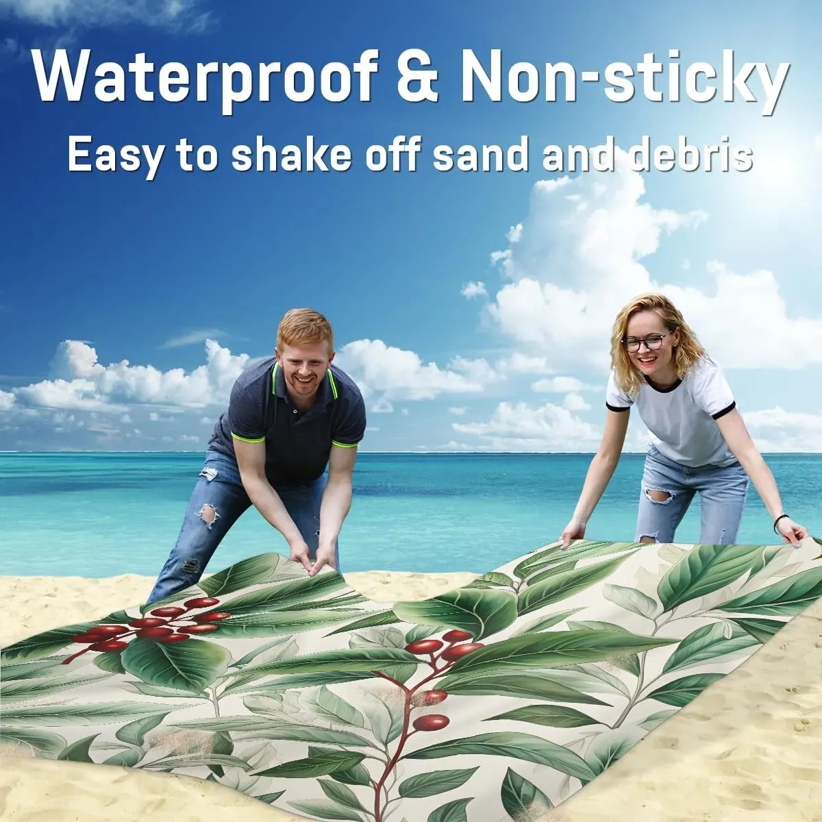 Beach Blanket, Mistletoe Merry Christmas Sandproof Beach Mat, Waterproof Quick Drying Sand Free Mat with 4 x Ground Spikes for Outdoor Travel Camping Hiking, Mistletoe 68 x 59 in