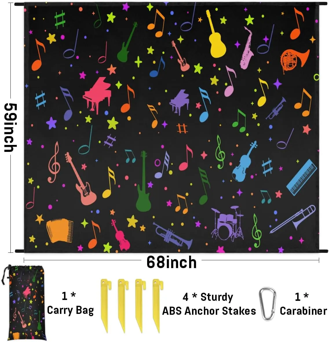 Beach Blanket, Music Theme Sandproof Beach Mat, Waterproof Quick Drying Sand Free Mat with 4 x Ground Spikes for Outdoor Travel Camping Hiking, Colorful Guitar 68 x 59 in