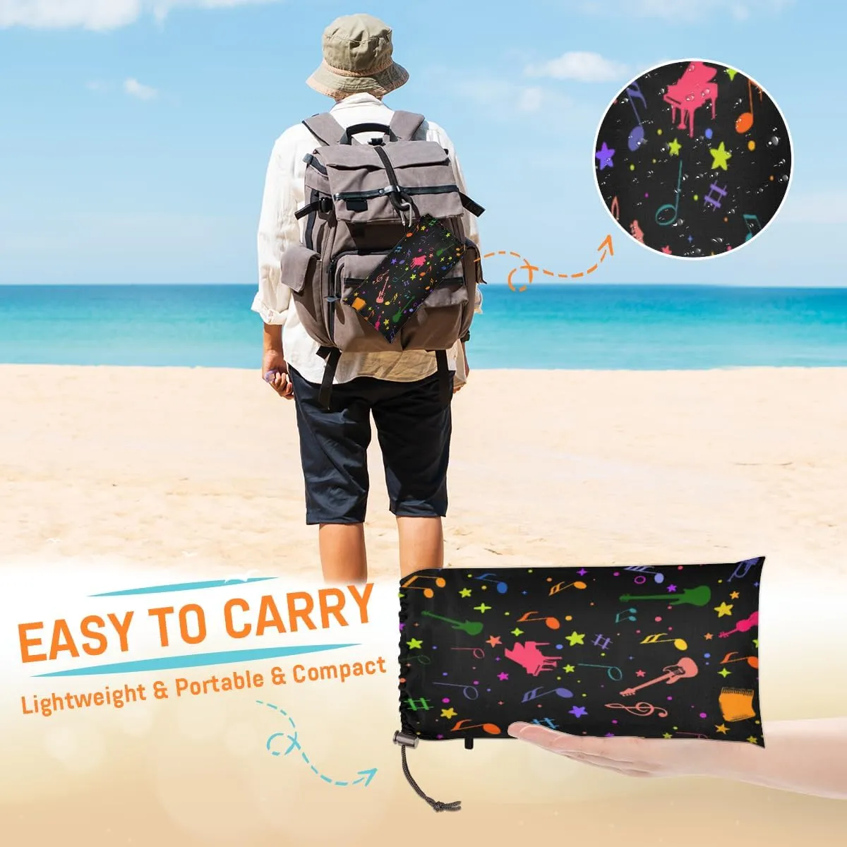 Beach Blanket, Music Theme Sandproof Beach Mat, Waterproof Quick Drying Sand Free Mat with 4 x Ground Spikes for Outdoor Travel Camping Hiking, Colorful Guitar 68 x 59 in