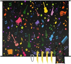 Beach Blanket, Music Theme Sandproof Beach Mat, Waterproof Quick Drying Sand Free Mat with 4 x Ground Spikes for Outdoor Travel Camping Hiking, Colorful Guitar 68 x 59 in