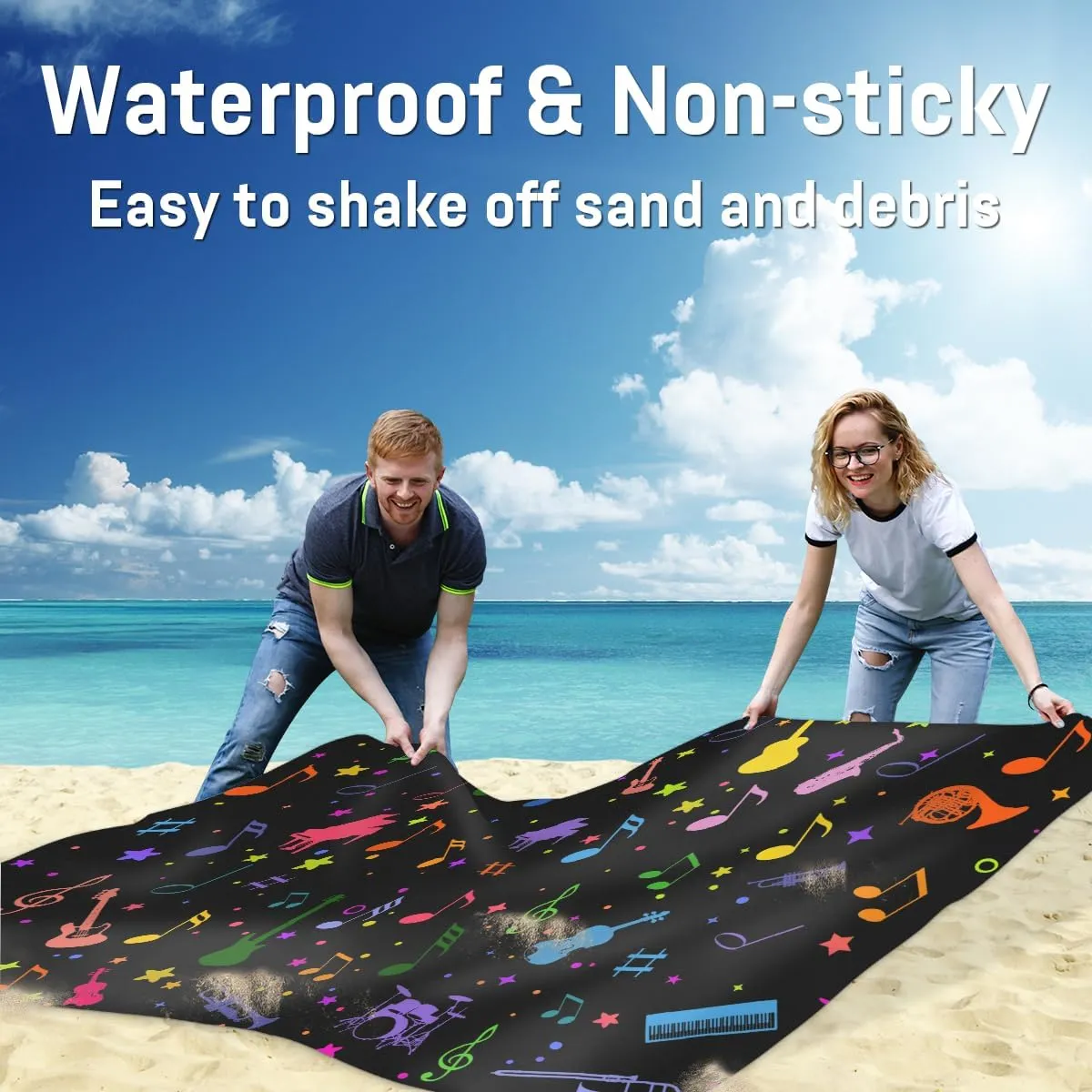 Beach Blanket, Music Theme Sandproof Beach Mat, Waterproof Quick Drying Sand Free Mat with 4 x Ground Spikes for Outdoor Travel Camping Hiking, Colorful Guitar 68 x 59 in