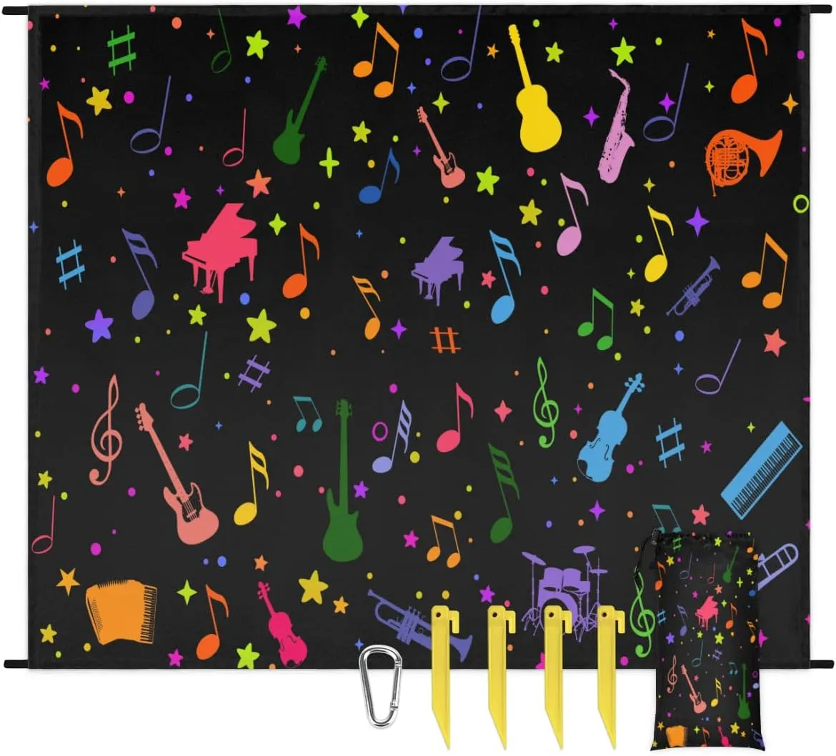 Beach Blanket, Music Theme Sandproof Beach Mat, Waterproof Quick Drying Sand Free Mat with 4 x Ground Spikes for Outdoor Travel Camping Hiking, Colorful Guitar 68 x 59 in
