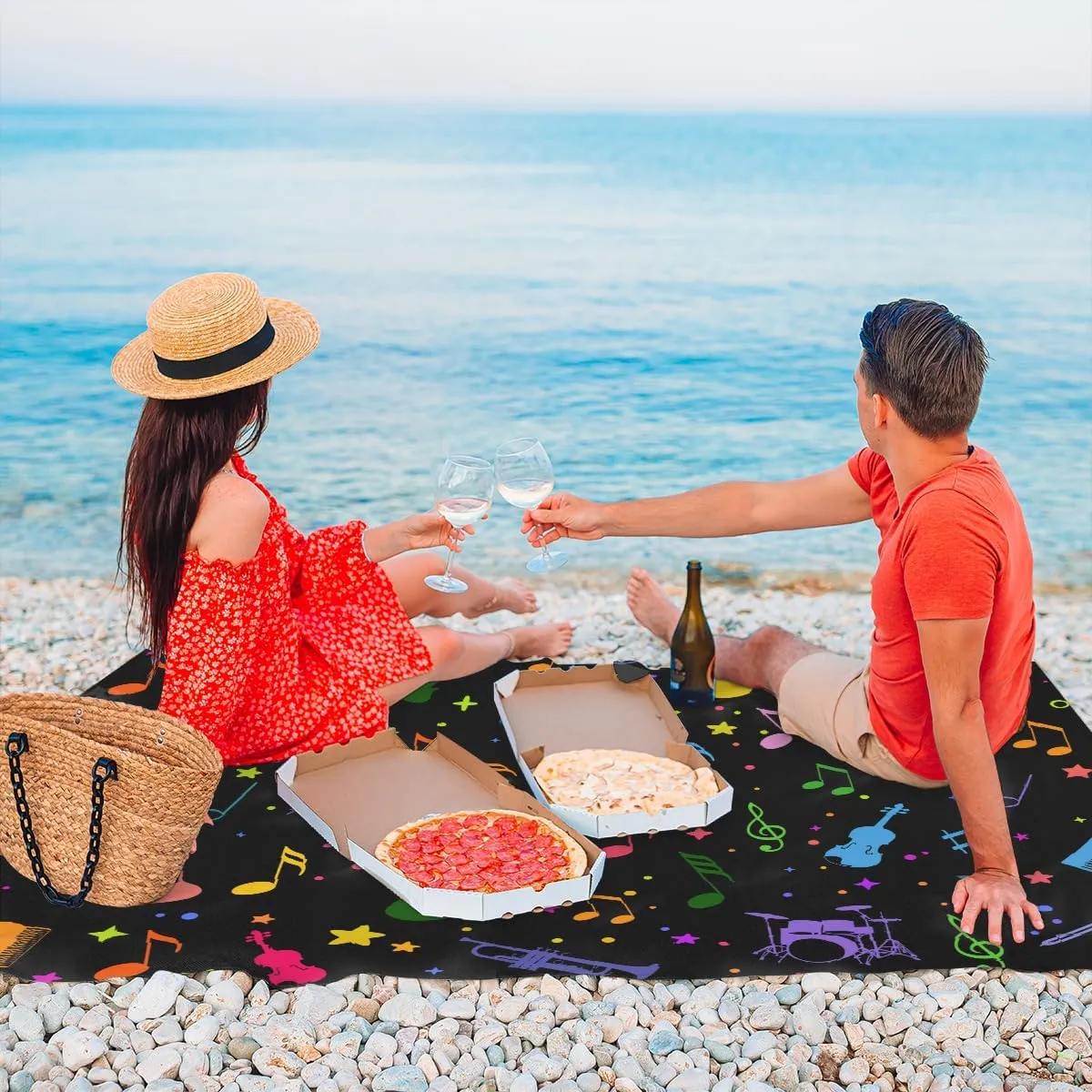 Beach Blanket, Music Theme Sandproof Beach Mat, Waterproof Quick Drying Sand Free Mat with 4 x Ground Spikes for Outdoor Travel Camping Hiking, Colorful Guitar 68 x 59 in