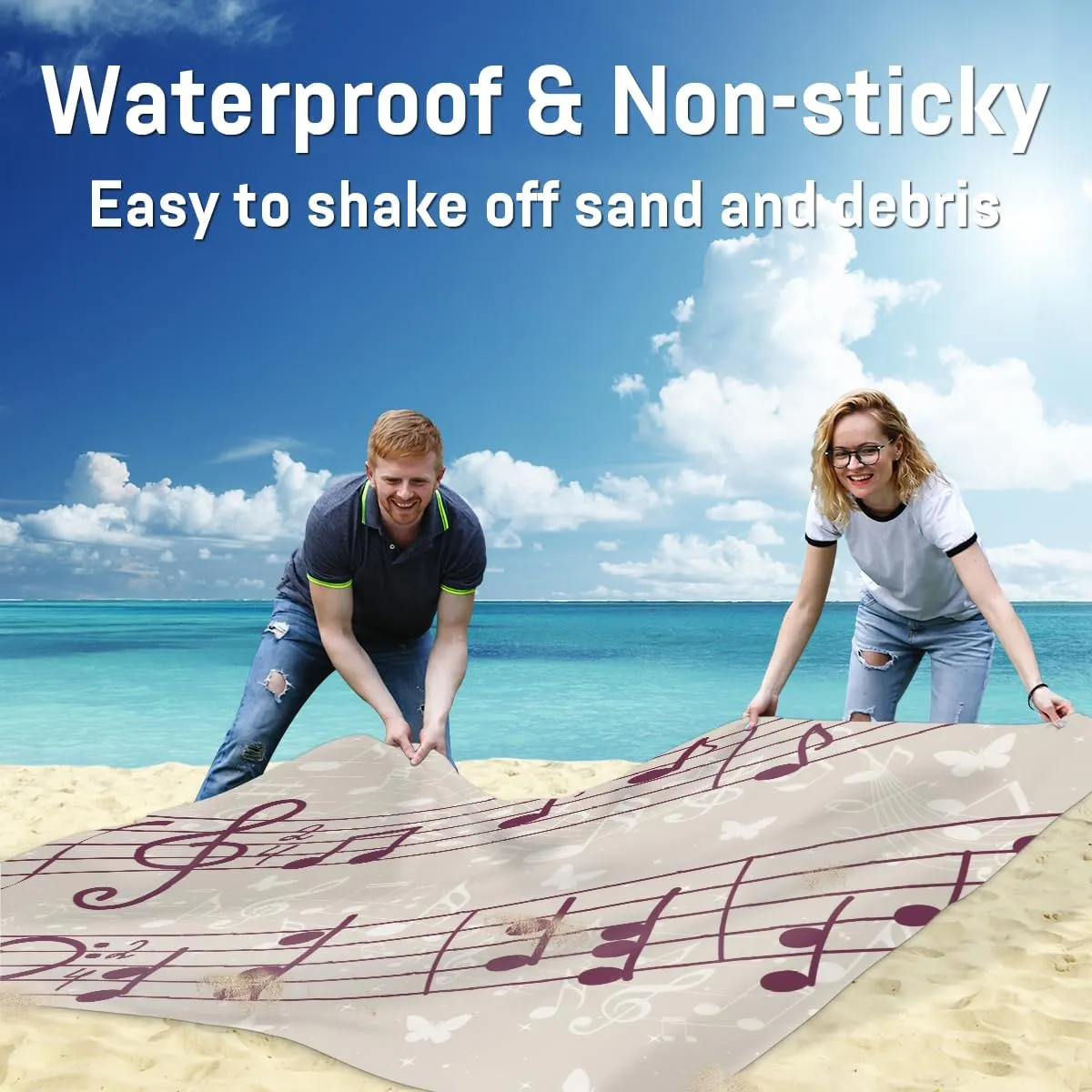Beach Blanket, Musical Notes Sandproof Beach Mat, Waterproof Quick Drying Sand Free Mat with 4 x Ground Spikes for Outdoor Travel Camping Hiking, Music 68 x 59 in
