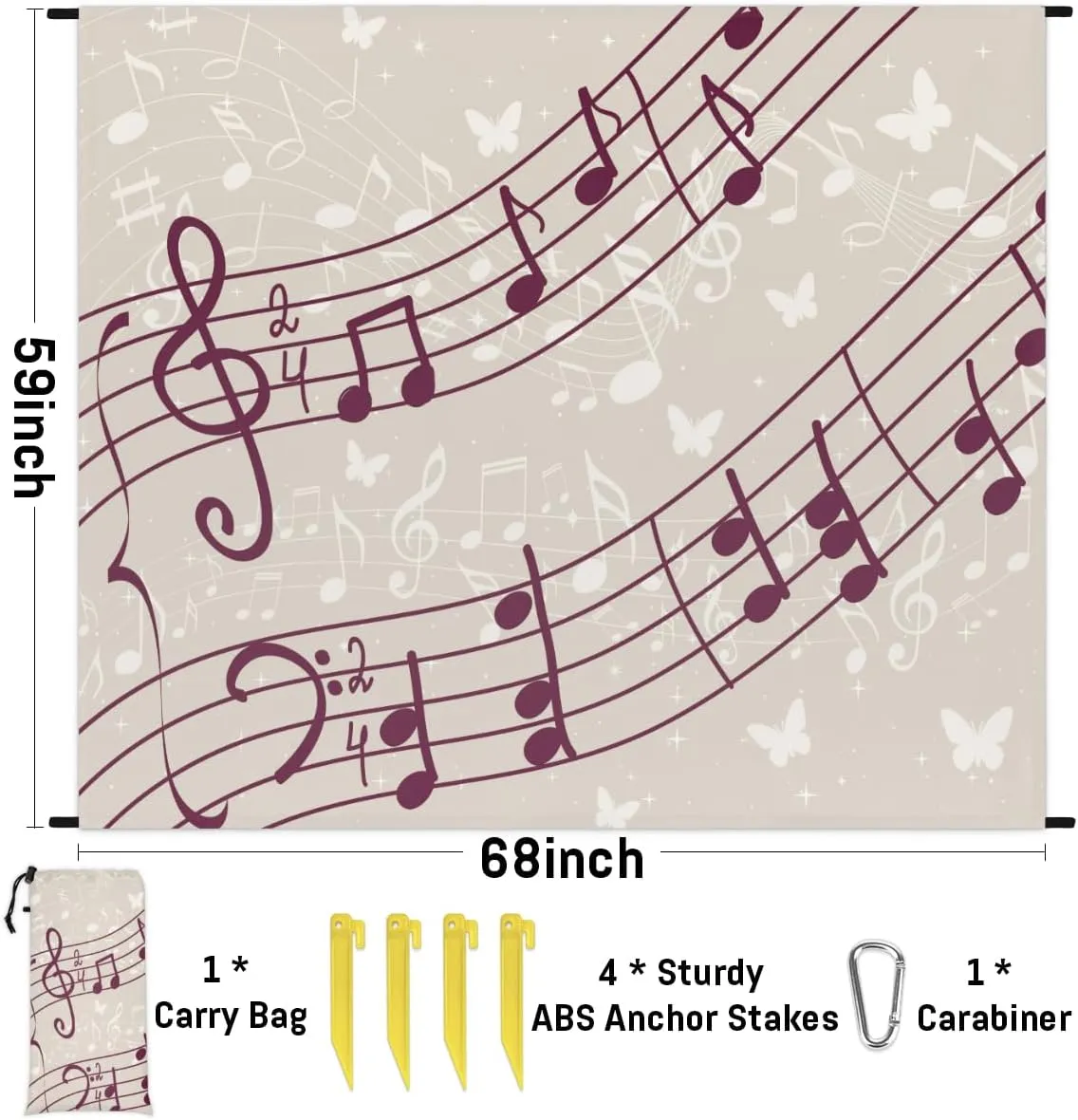 Beach Blanket, Musical Notes Sandproof Beach Mat, Waterproof Quick Drying Sand Free Mat with 4 x Ground Spikes for Outdoor Travel Camping Hiking, Music 68 x 59 in