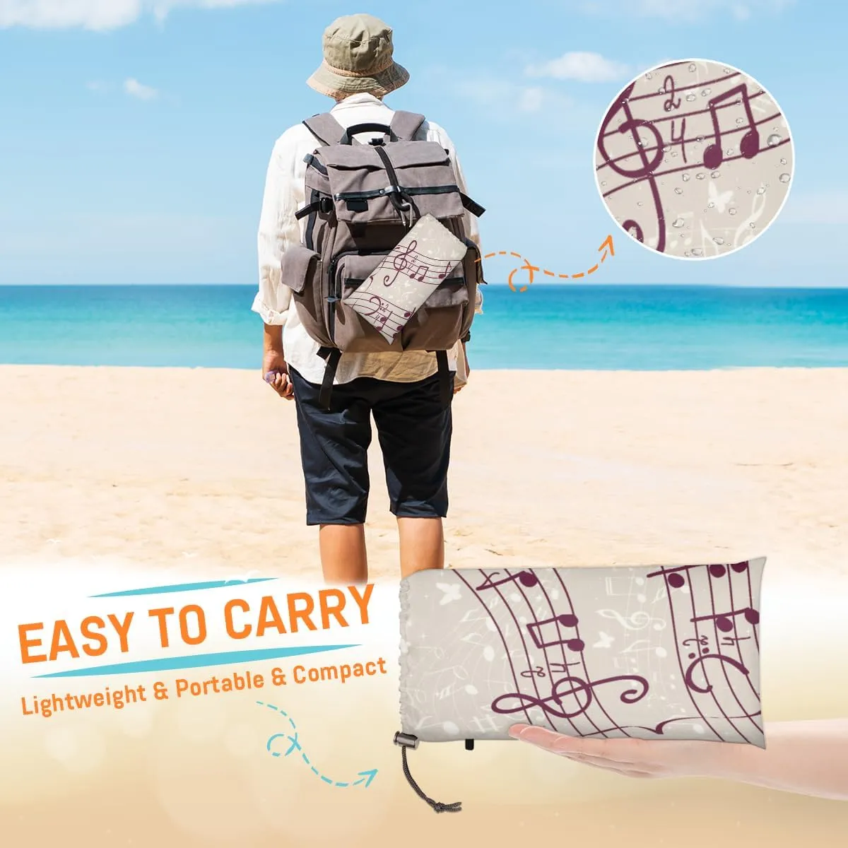 Beach Blanket, Musical Notes Sandproof Beach Mat, Waterproof Quick Drying Sand Free Mat with 4 x Ground Spikes for Outdoor Travel Camping Hiking, Music 68 x 59 in