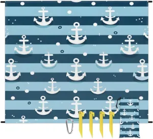 Beach Blanket, Nautical Sandproof Beach Mat, Waterproof Quick Drying Sand Free Mat with 4 x Ground Spikes for Outdoor Travel Camping Hiking, Nautical Stripe 68 x 59 in