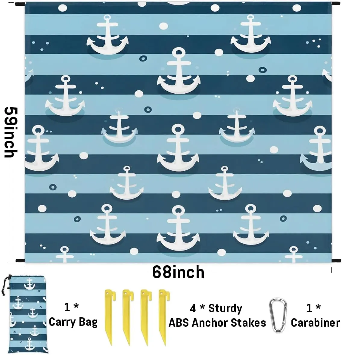 Beach Blanket, Nautical Sandproof Beach Mat, Waterproof Quick Drying Sand Free Mat with 4 x Ground Spikes for Outdoor Travel Camping Hiking, Nautical Stripe 68 x 59 in