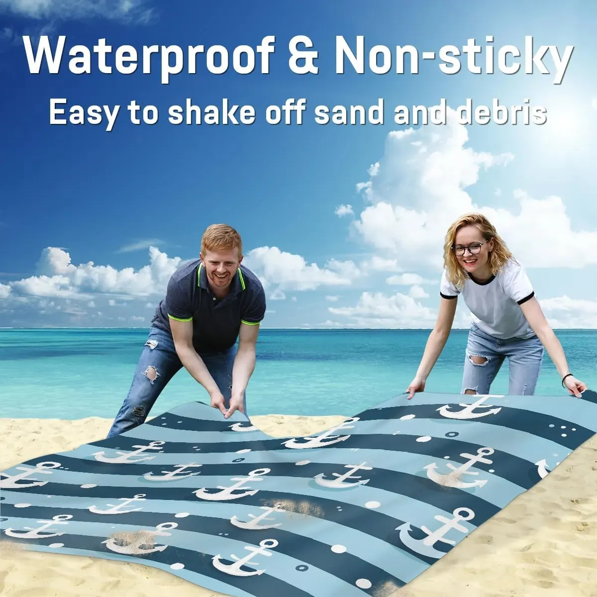 Beach Blanket, Nautical Sandproof Beach Mat, Waterproof Quick Drying Sand Free Mat with 4 x Ground Spikes for Outdoor Travel Camping Hiking, Nautical Stripe 68 x 59 in