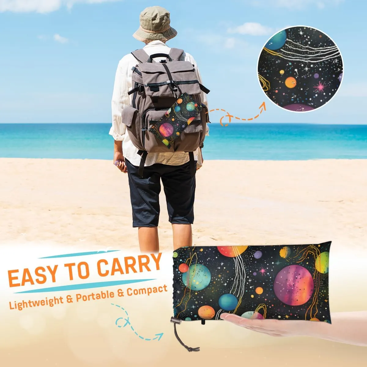 Beach Blanket, Outer Space Sandproof Beach Mat, Waterproof Quick Drying Sand Free Mat with 4 x Ground Spikes for Outdoor Travel Camping Hiking, Galaxy 68 x 59 in