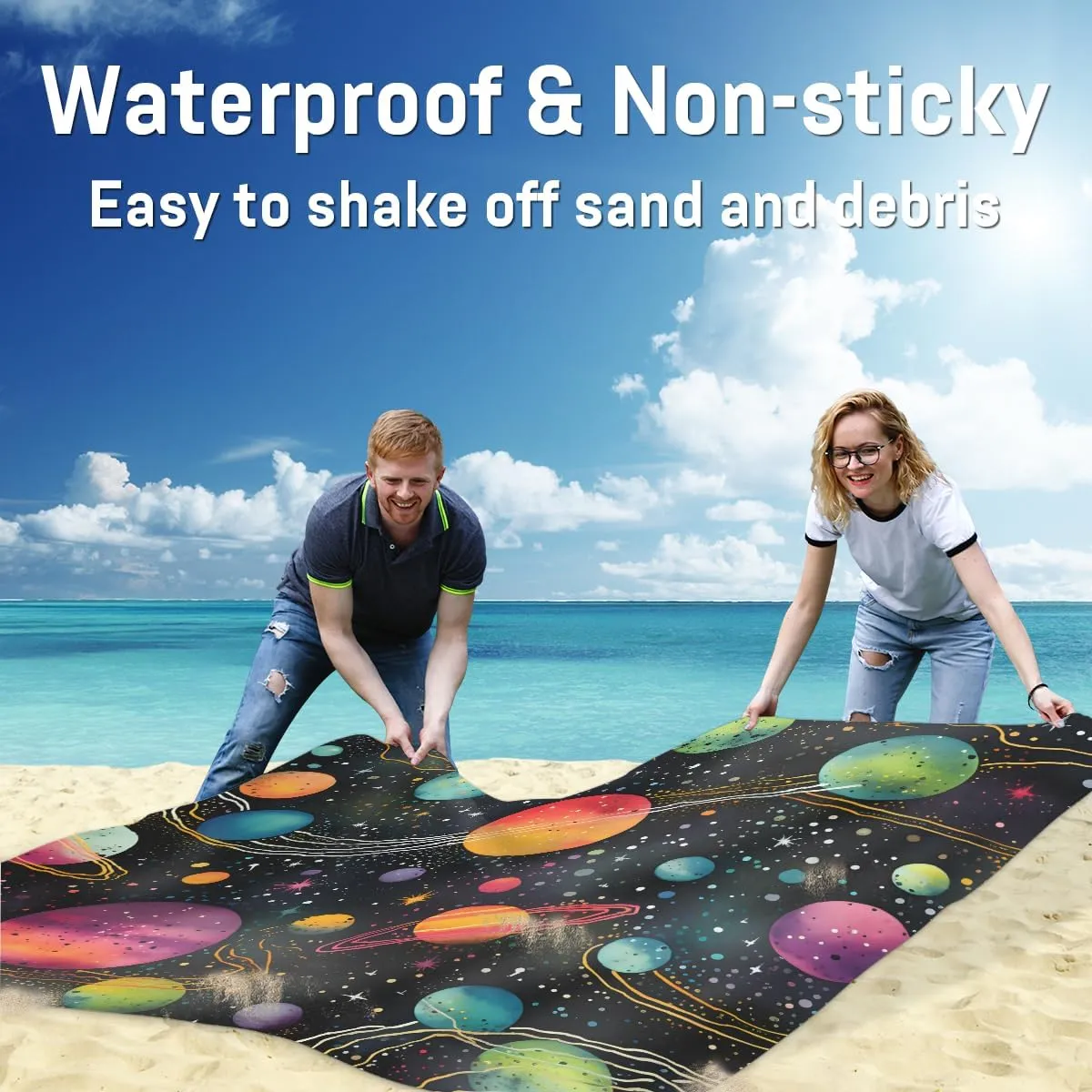 Beach Blanket, Outer Space Sandproof Beach Mat, Waterproof Quick Drying Sand Free Mat with 4 x Ground Spikes for Outdoor Travel Camping Hiking, Galaxy 68 x 59 in
