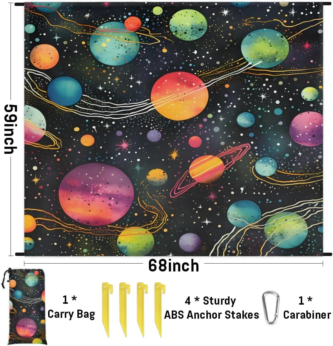Beach Blanket, Outer Space Sandproof Beach Mat, Waterproof Quick Drying Sand Free Mat with 4 x Ground Spikes for Outdoor Travel Camping Hiking, Galaxy 68 x 59 in