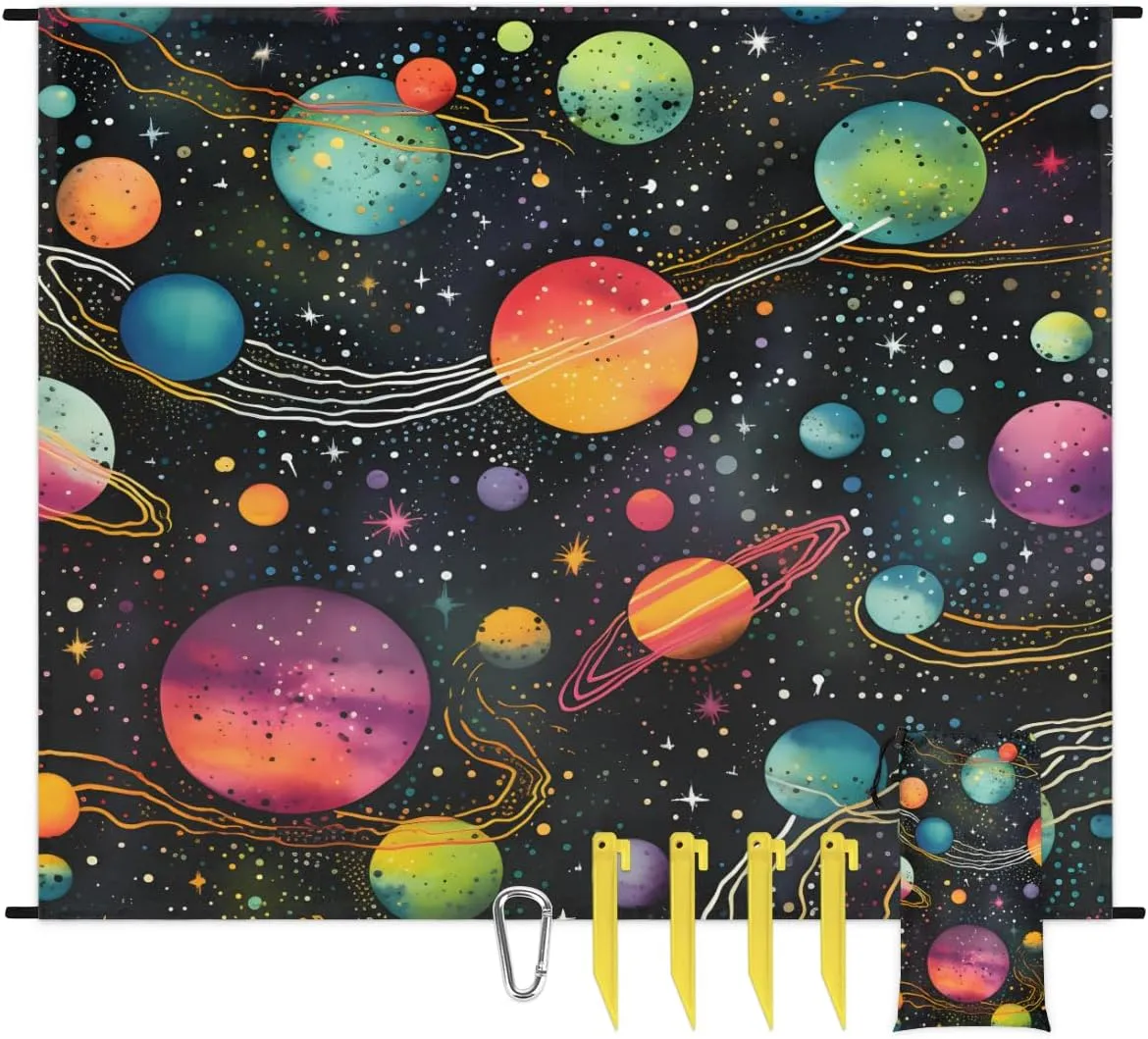 Beach Blanket, Outer Space Sandproof Beach Mat, Waterproof Quick Drying Sand Free Mat with 4 x Ground Spikes for Outdoor Travel Camping Hiking, Galaxy 68 x 59 in