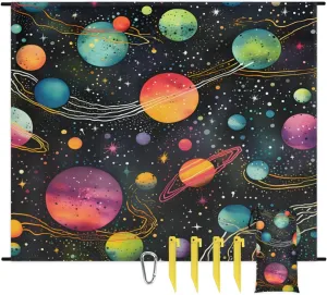 Beach Blanket, Outer Space Sandproof Beach Mat, Waterproof Quick Drying Sand Free Mat with 4 x Ground Spikes for Outdoor Travel Camping Hiking, Galaxy 68 x 59 in