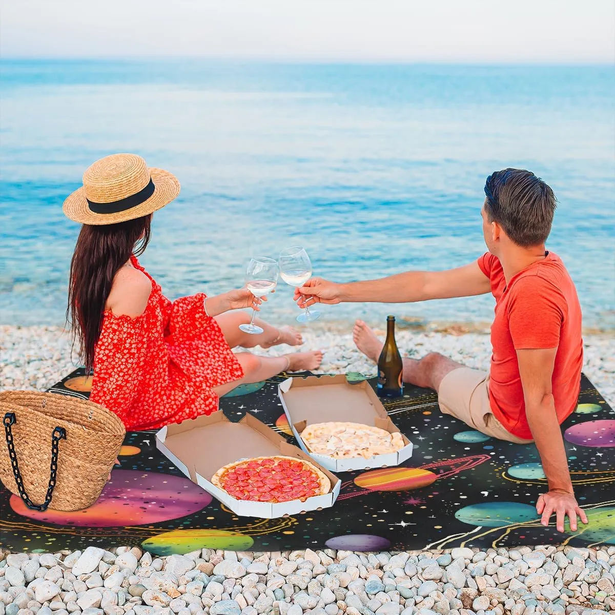 Beach Blanket, Outer Space Sandproof Beach Mat, Waterproof Quick Drying Sand Free Mat with 4 x Ground Spikes for Outdoor Travel Camping Hiking, Galaxy 68 x 59 in