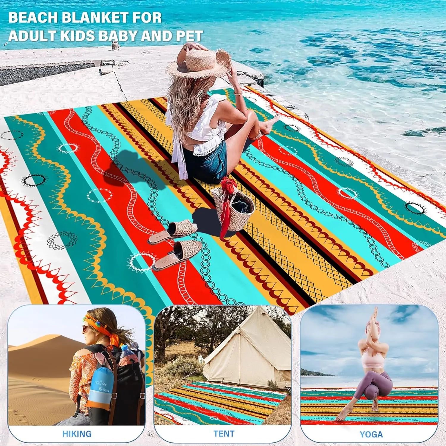 Beach Blanket Oversized Extra Large 78" X 81",Waterproof Sandproof Beach Blanket 1-7 Adults Lightweight Durable for Travel Camping Hiking Picnic