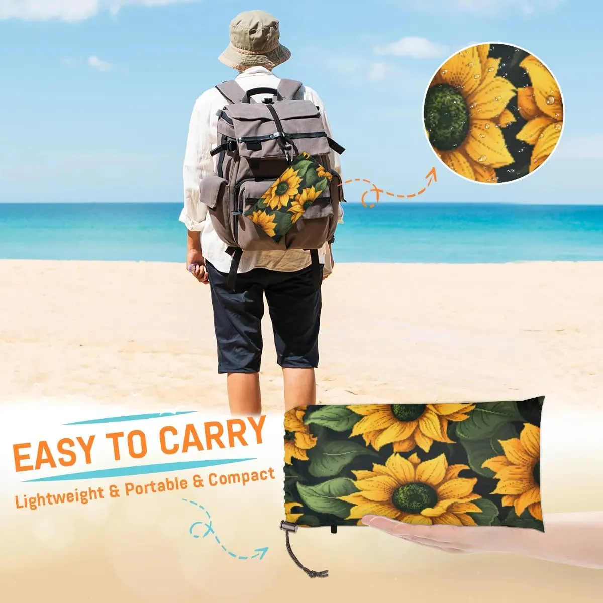 Beach Blanket, Rustic Sunflower Sandproof Beach Mat, Waterproof Quick Drying Sand Free Mat with 4 x Ground Spikes for Outdoor Travel Camping Hiking, Yellow Flower Floral Farmhouse 68 x 59 in