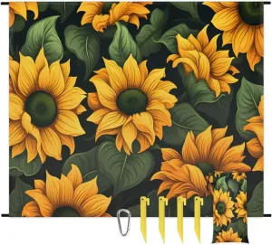 Beach Blanket, Rustic Sunflower Sandproof Beach Mat, Waterproof Quick Drying Sand Free Mat with 4 x Ground Spikes for Outdoor Travel Camping Hiking, Yellow Flower Floral Farmhouse 68 x 59 in
