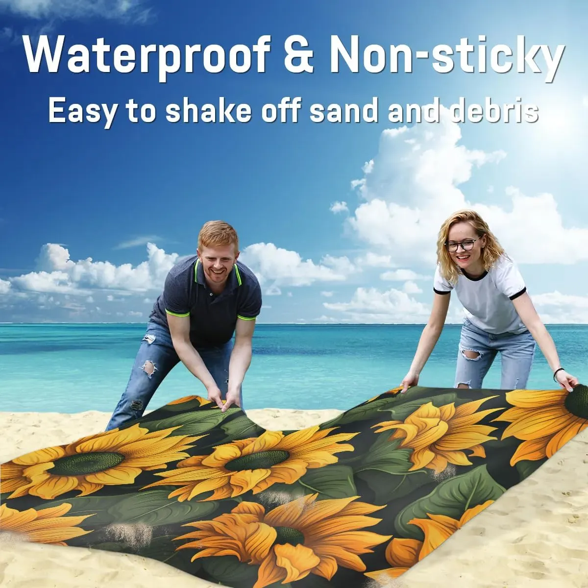 Beach Blanket, Rustic Sunflower Sandproof Beach Mat, Waterproof Quick Drying Sand Free Mat with 4 x Ground Spikes for Outdoor Travel Camping Hiking, Yellow Flower Floral Farmhouse 68 x 59 in