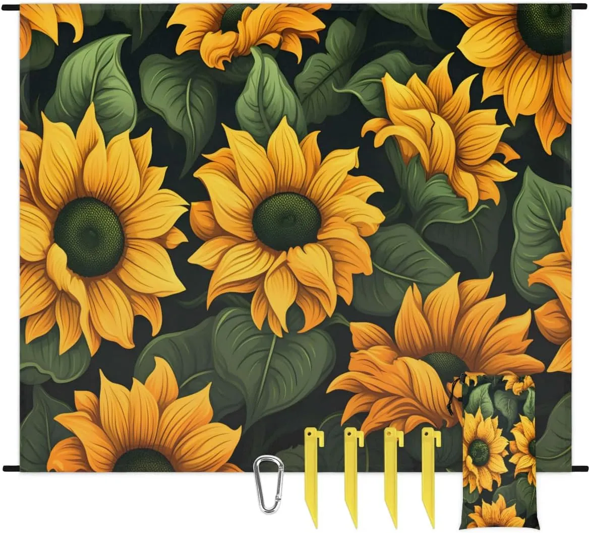 Beach Blanket, Rustic Sunflower Sandproof Beach Mat, Waterproof Quick Drying Sand Free Mat with 4 x Ground Spikes for Outdoor Travel Camping Hiking, Yellow Flower Floral Farmhouse 68 x 59 in