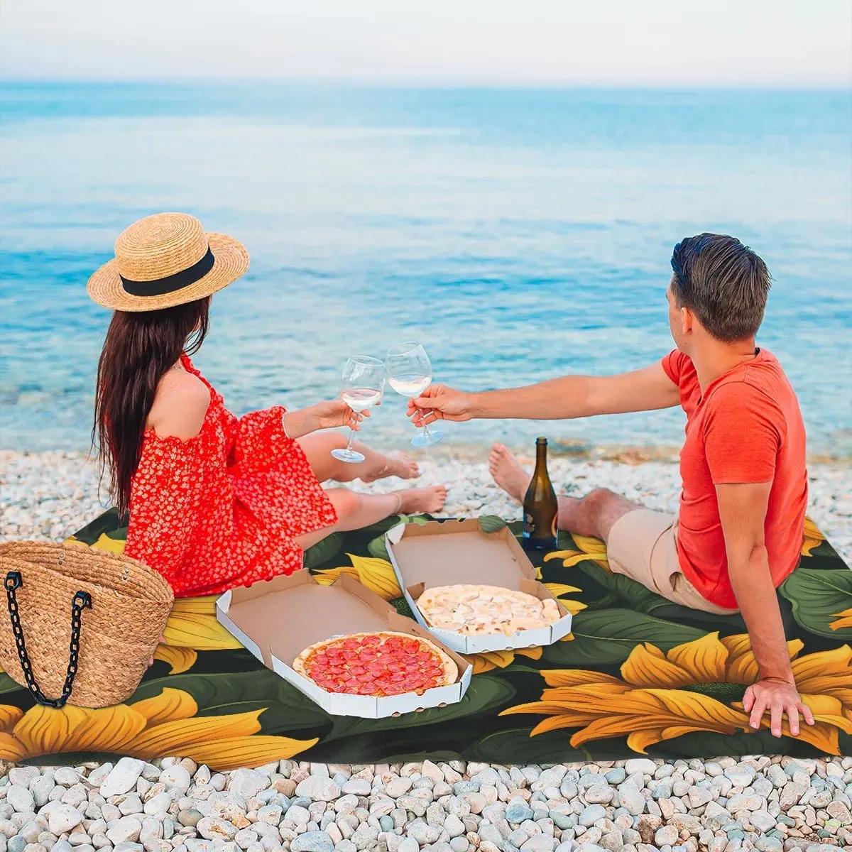 Beach Blanket, Rustic Sunflower Sandproof Beach Mat, Waterproof Quick Drying Sand Free Mat with 4 x Ground Spikes for Outdoor Travel Camping Hiking, Yellow Flower Floral Farmhouse 68 x 59 in