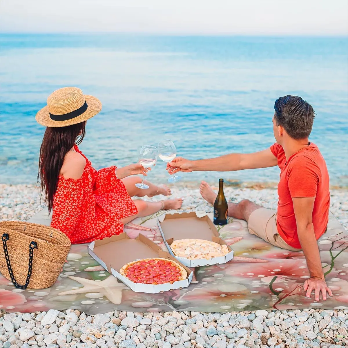 Beach Blanket, Sea Shell Starfish Summer Sandproof Beach Mat, Waterproof Quick Drying Sand Free Mat with 4 x Ground Spikes for Outdoor Travel Camping Hiking, Spring Ocean 68 x 59 in