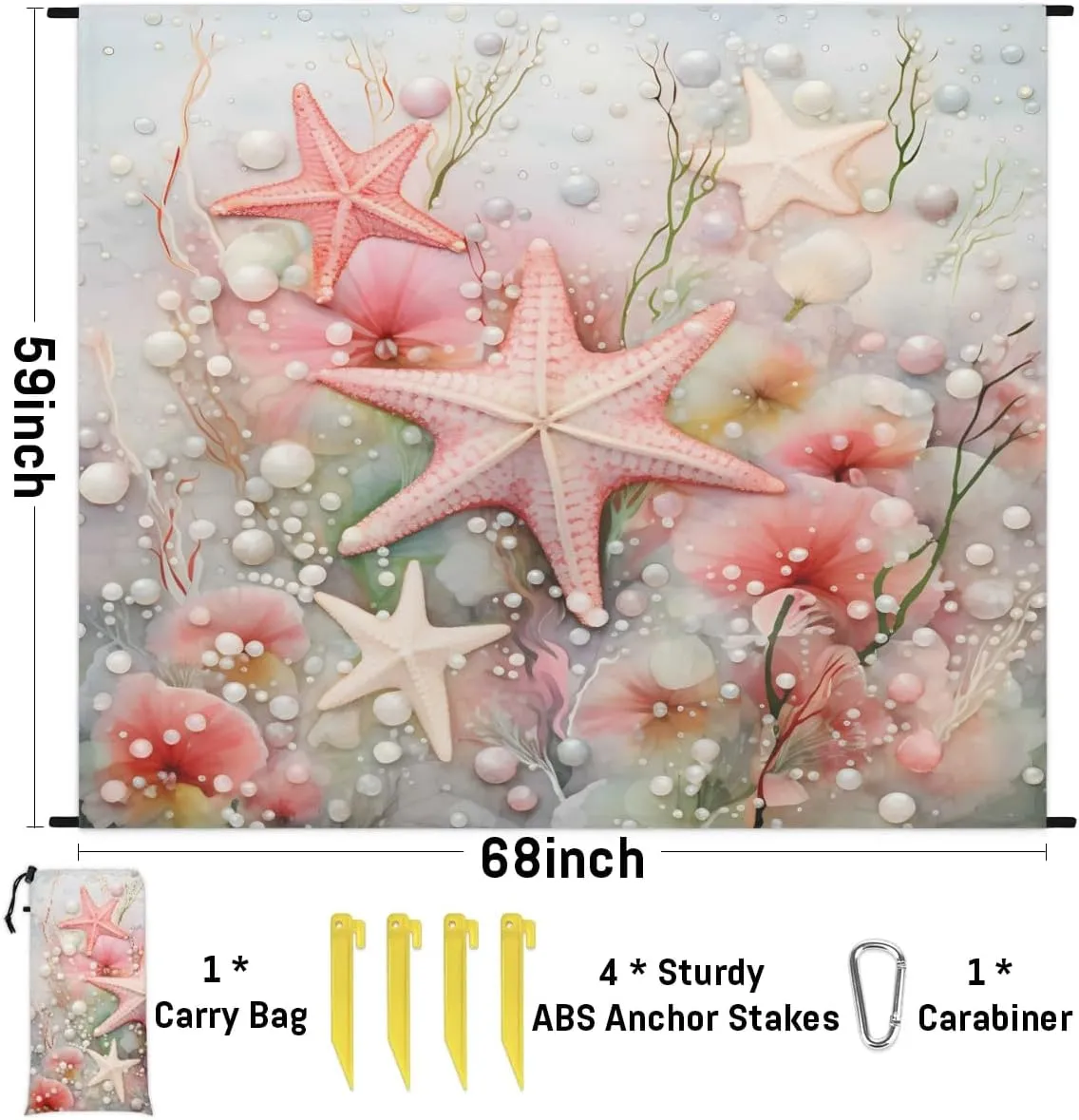 Beach Blanket, Sea Shell Starfish Summer Sandproof Beach Mat, Waterproof Quick Drying Sand Free Mat with 4 x Ground Spikes for Outdoor Travel Camping Hiking, Spring Ocean 68 x 59 in