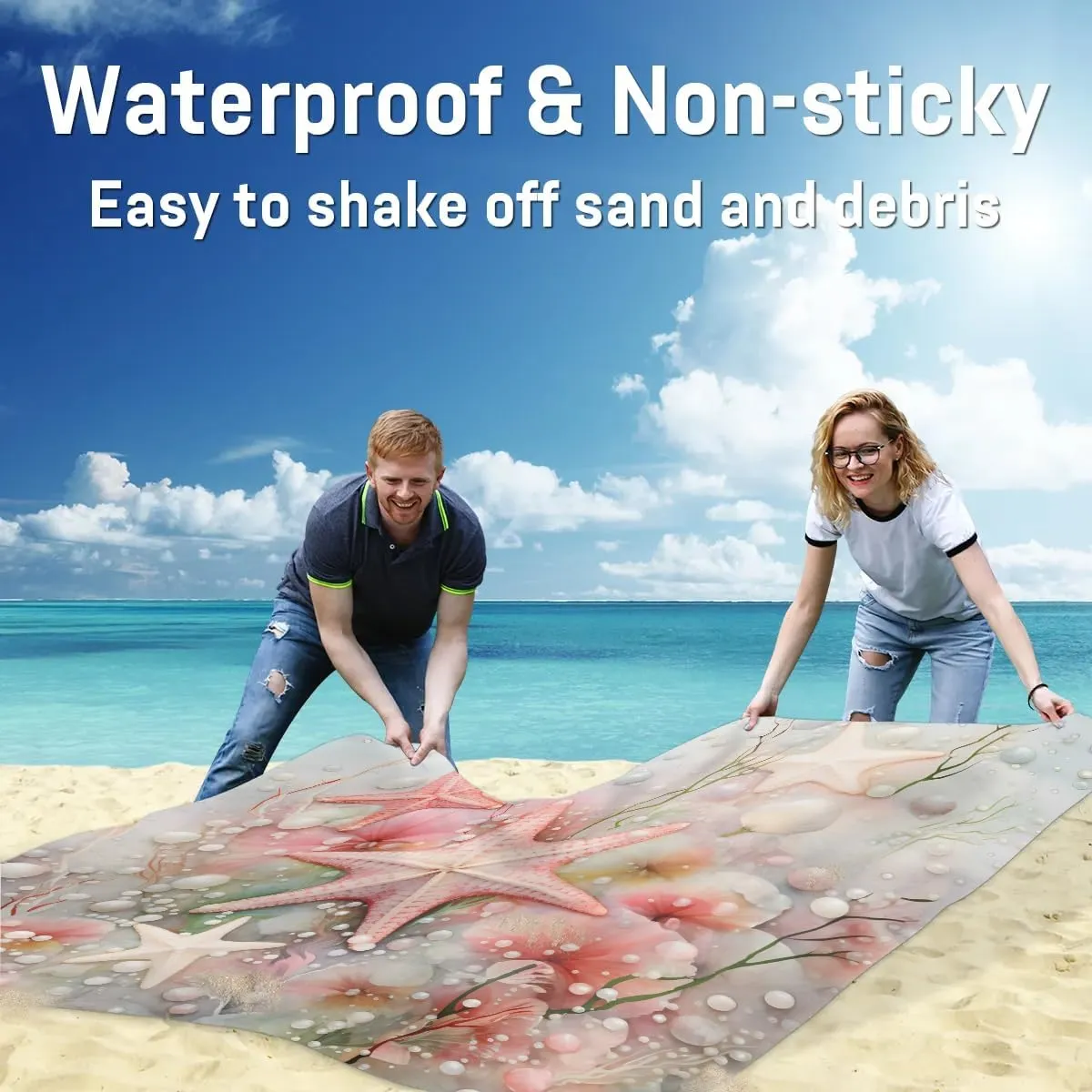 Beach Blanket, Sea Shell Starfish Summer Sandproof Beach Mat, Waterproof Quick Drying Sand Free Mat with 4 x Ground Spikes for Outdoor Travel Camping Hiking, Spring Ocean 68 x 59 in