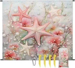 Beach Blanket, Sea Shell Starfish Summer Sandproof Beach Mat, Waterproof Quick Drying Sand Free Mat with 4 x Ground Spikes for Outdoor Travel Camping Hiking, Spring Ocean 68 x 59 in